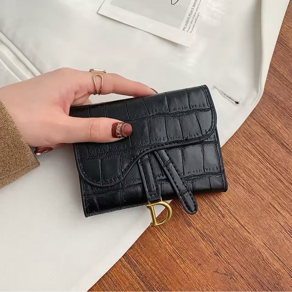Black Croc-Embossed Women's “CD Saddle Wallet” with Gold Trim